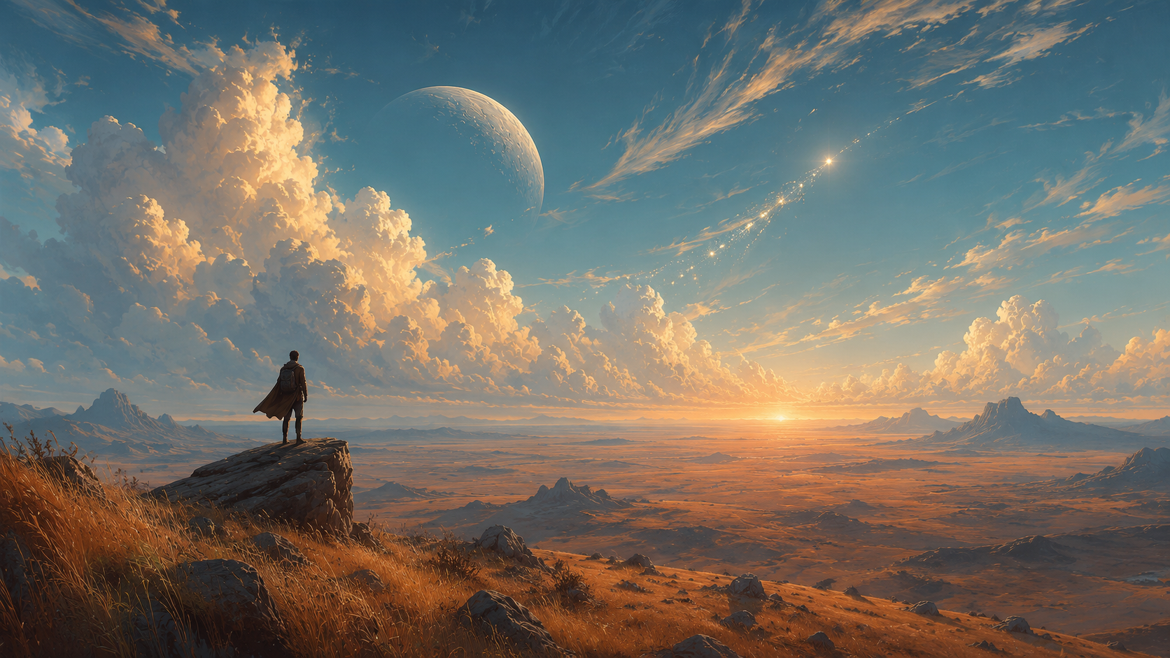 Traveller on a clifftop at sunrise looking out over a vast plain