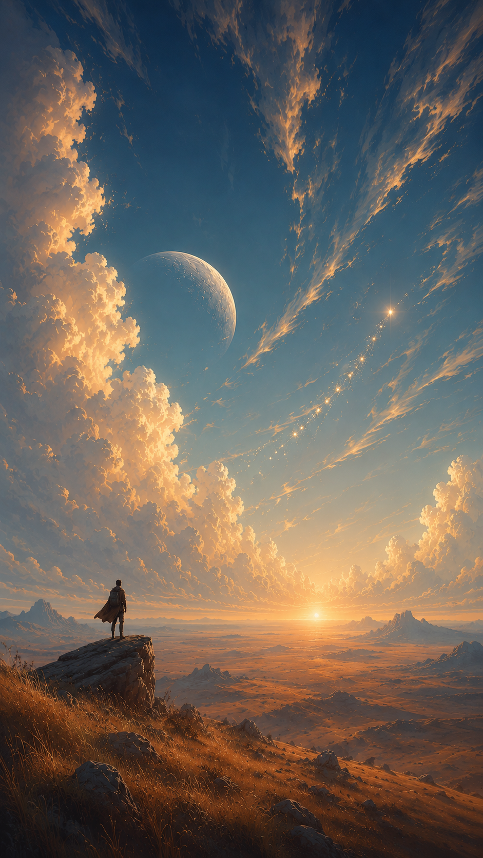 Traveller on a clifftop at sunrise looking out over a vast plain
